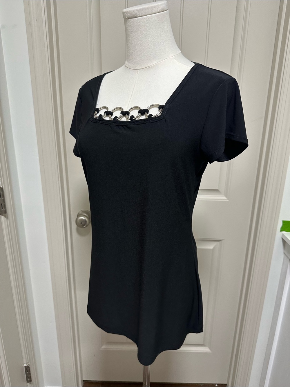 Vintage Suzie Black Short-Sleeve Top with Metallic Chain Accent